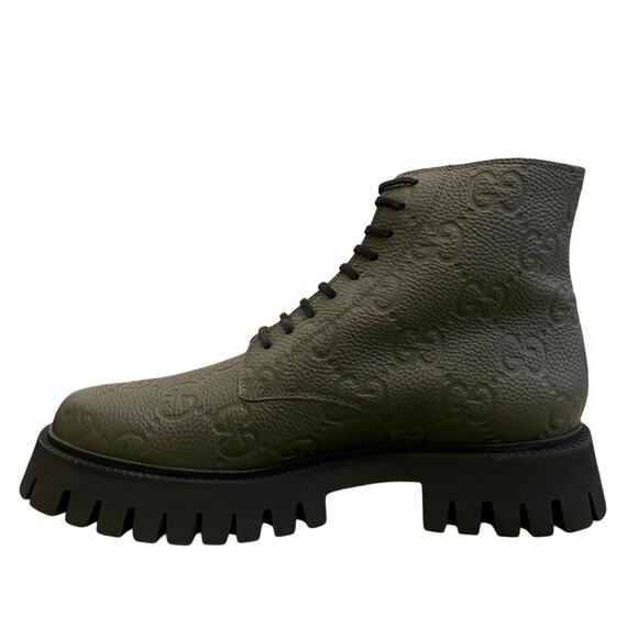 GUCCI Men GG Supreme Leather Ankle Boots Vintage Olive 699584 Sz 12 US 12.5 New - Picture 1 of 16